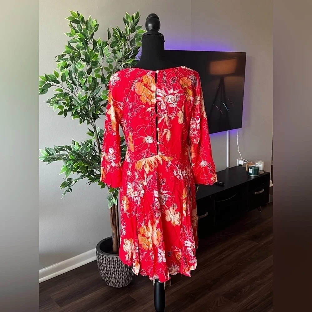 Free People Eyes on You Red Floral Boho Tunic Dress, Size 6